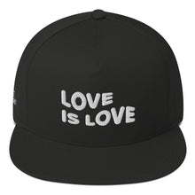 Load image into Gallery viewer, Flat Bill Black Cap - Love is Love - White Logo
