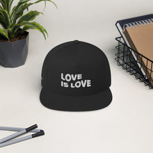 Load image into Gallery viewer, Flat Bill Black Cap - Love is Love - White Logo
