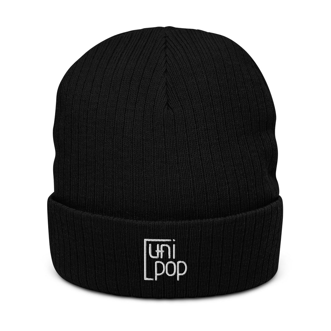 Ribbed Knit Beanie - Black w/ White Logo