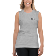 Load image into Gallery viewer, White Unisex Muscle T-Shirt with Black Unique Population Logo
