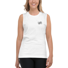 Load image into Gallery viewer, White Unisex Muscle T-Shirt with Black Unique Population Logo
