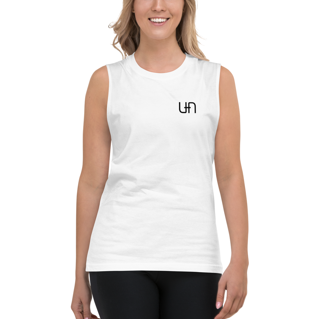 White Unisex Muscle T-Shirt with Black Unique Population Logo