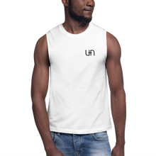 Load image into Gallery viewer, White Unisex Muscle T-Shirt with Black Unique Population Logo
